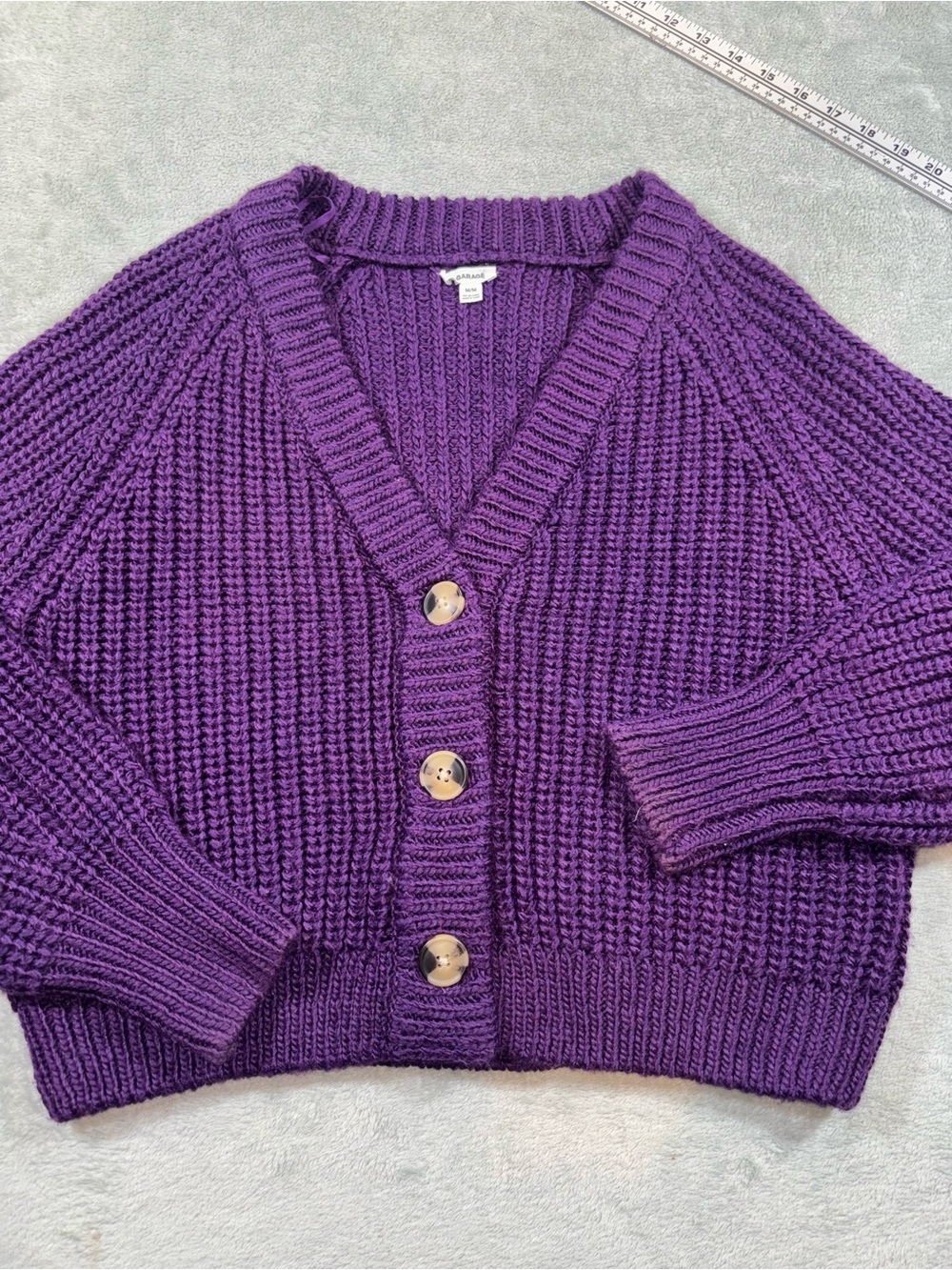 Garage Cropped Ribbed Button-Front Purple Cardigan Sweater Medium